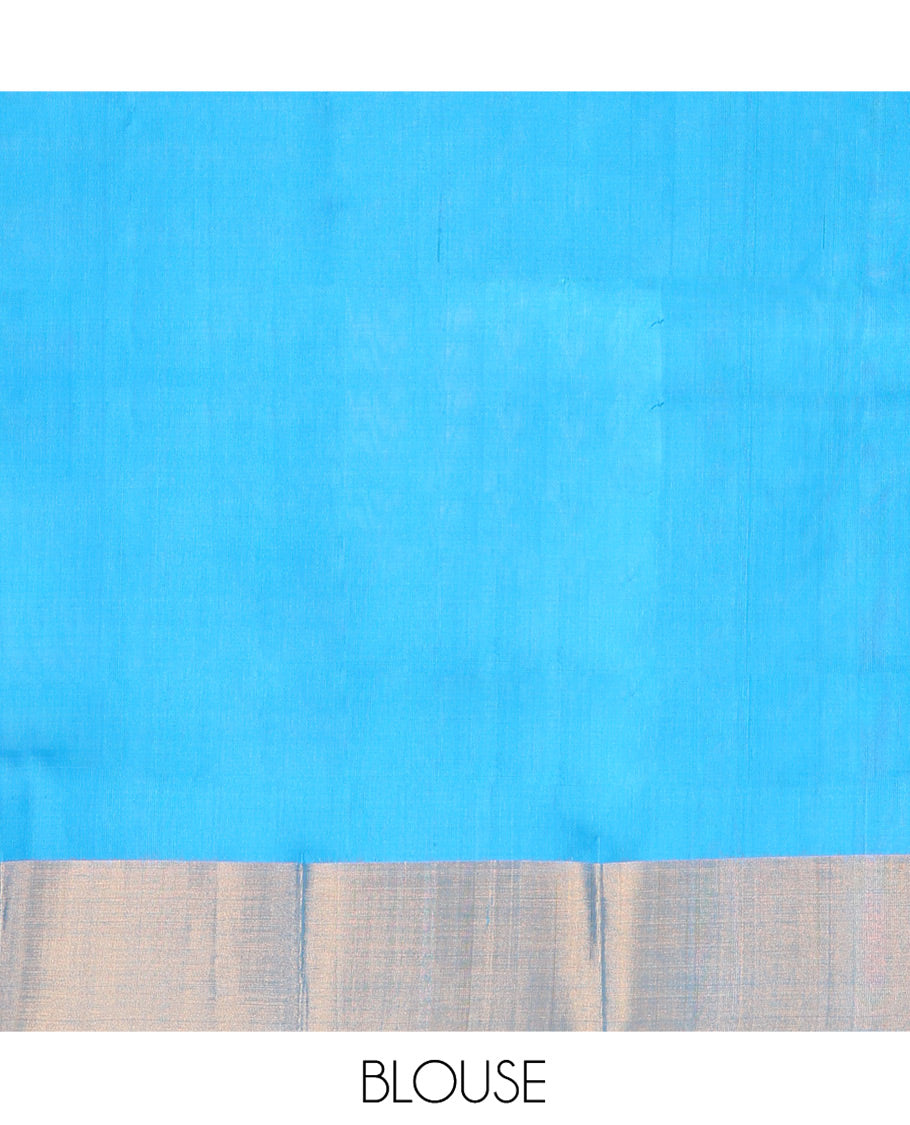 Cream Uppada Silk Saree, Subtly Sparkled with Zari Buttas All Over Its Body, Complemented by a Contrast Bavanji Border, Pallu Features Peacock Designs, and Paired with a Contrast Blouse