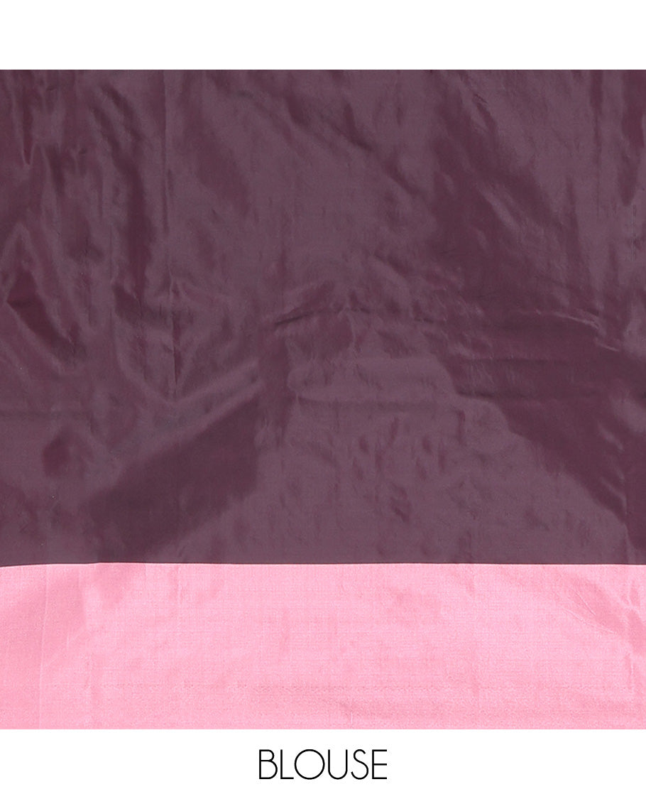 Dark Chocolate Aarani Silk Saree, Showcasing Zari Buttas All Over Its Body, Complemented by a Contrast Border of Stripes and Buttas, Pallu of Stripes, and Paired with a Matching Blouse