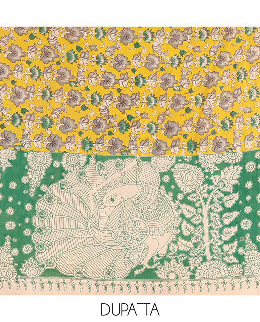 Chikku-Green Cotton Material Chudidar, Kalamkari Print Skirt, Contrast Bottom, Kalamkari Print Dhavani