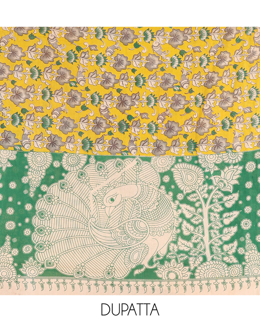 Chikku-Green Cotton Material Chudidar, Kalamkari Print Skirt, Contrast Bottom, Kalamkari Print Dhavani
