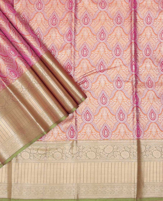 Brown floral jaal art silk pavadai material with contrast zari design border & floral zari design blouse