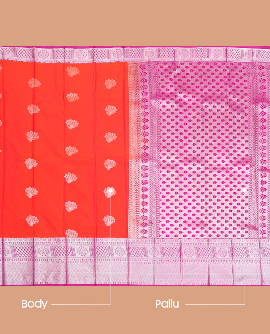 Red Budget Silk Saree, Mesmerized with Zari Buttas on Its Body, Complemented by a Contrast Traditional Zari Design Border, Pallu Steeped with Floral Designs, and Paired with a Contrast Blouse