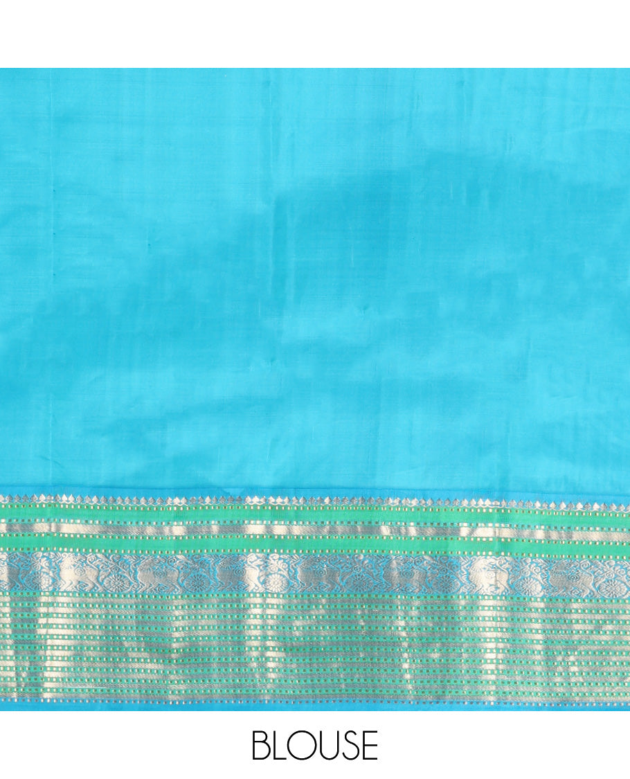 Blue Zari Design Vasundhara Silk Saree, Complemented by Contrast Border of Thilakam Mokku, Muthu, Yaali, and Chakram, Jaal Pallu, and a Contrast Blouse