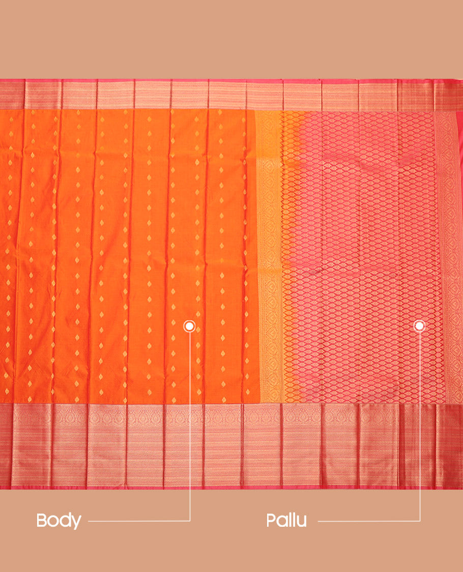 Orange Budget Silk Saree, Gleamed Up with Zari Buttas, Complemented by a Contrast Traditional Zari Border, Grand Pallu, and a Contrast Blouse