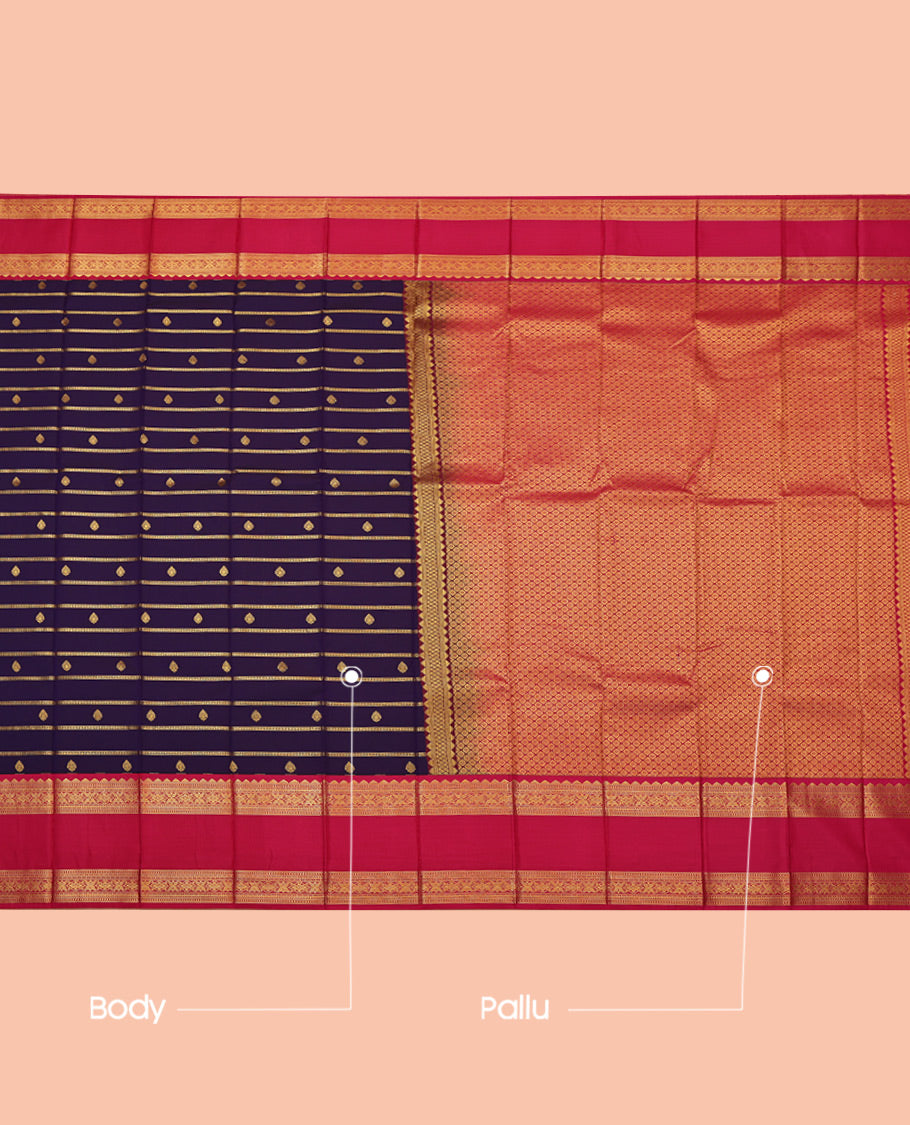 Violet Budget Silk Saree, Gleamed Up with Zari Buttas and Stripes, Complemented by a Contrast Traditional Zari Rettai Pettu Border, Grand Pallu, and a Contrast Blouse