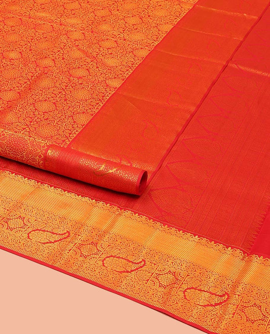 Red Kanchipuram Wedding Silk Saree, Majestically Detailed with Jacquard Design on Its Body, Highlighted by Zari Border of Traditional Designs, Grand Jaal Pallu, and Paired with a Matching Blouse