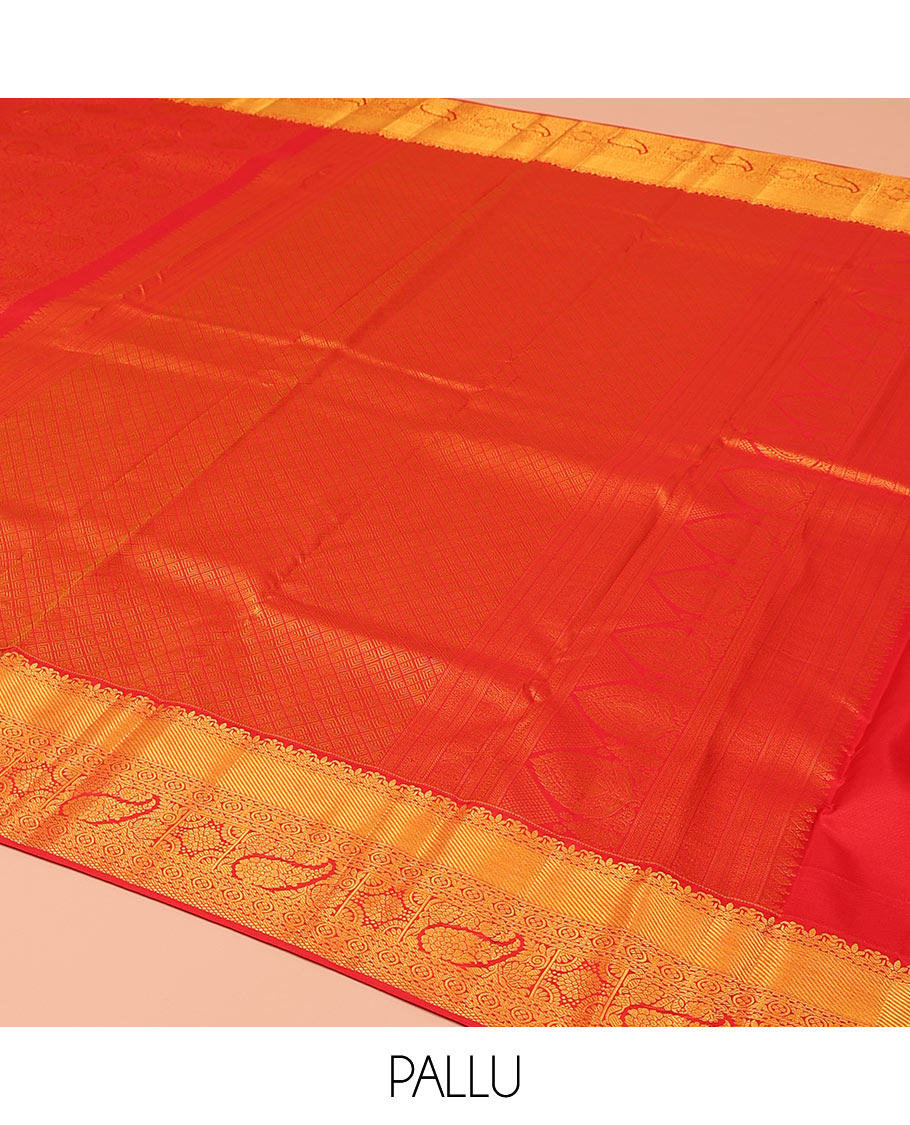 Red Kanchipuram Wedding Silk Saree, Majestically Detailed with Jacquard Design on Its Body, Highlighted by Zari Border of Traditional Designs, Grand Jaal Pallu, and Paired with a Matching Blouse