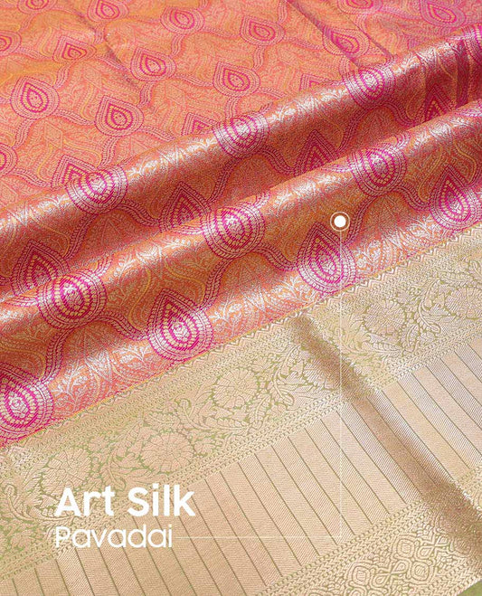 Brown floral jaal art silk pavadai material with contrast zari design border & floral zari design blouse