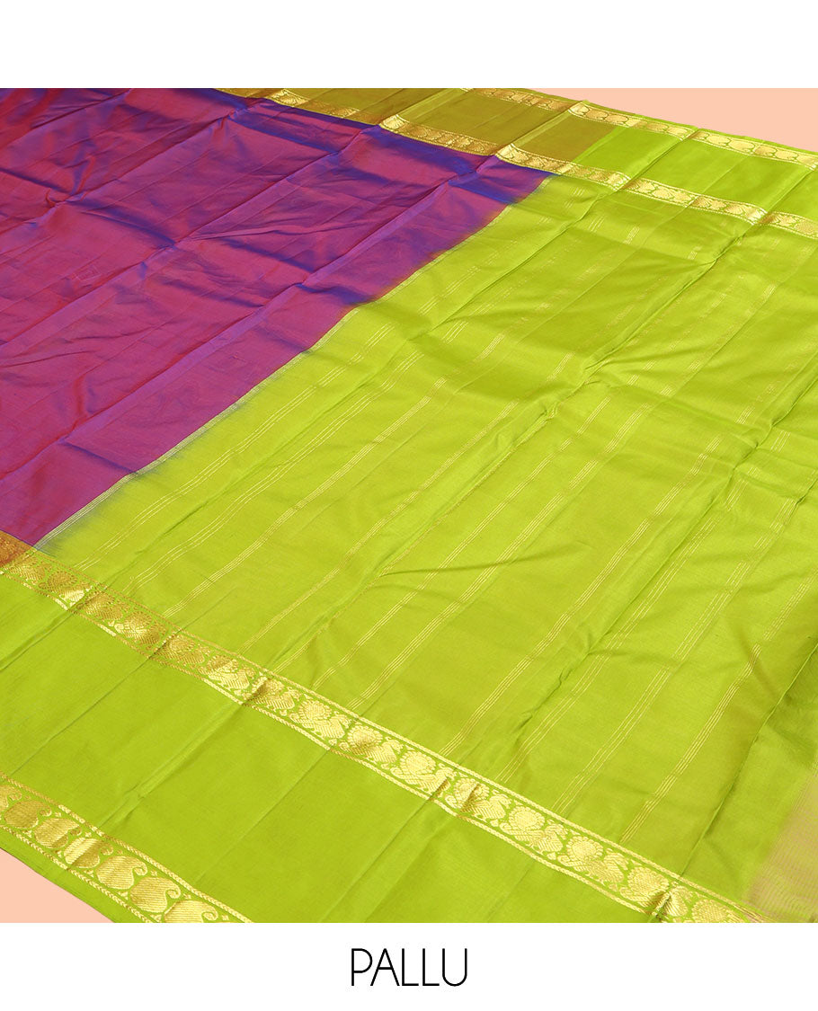 Purple Dual-tone Plain Kanchipuram Silk Saree, Complemented by a Contrast Rettai Pettu Border of Manga  and Mayil Design, Pallu of Zari Design, and Contrast Blouse