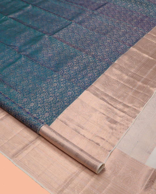 Blue Kanchipuram Wedding Silk Saree, Gleamed Up with Floral Jacquard Design, a Contrast Border of Mayil Kann, Muthu, Kathir, Chakram, and Mayil Kann, Grand Pallu, and a Contrast Blouse