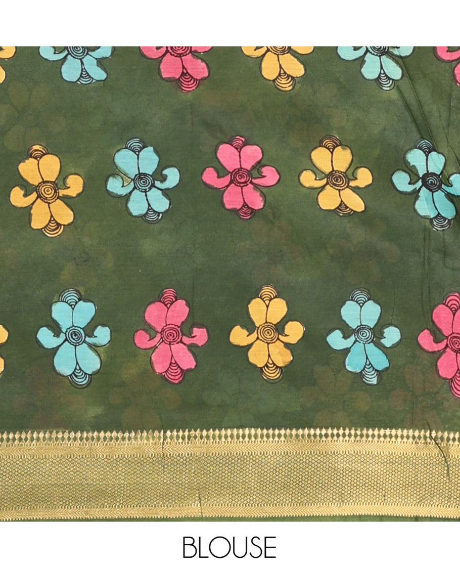Light Yellow Kalamkari Silk Saree, Elegantly Framed with Floral Vine Print, a Contrast Traditional Zari Border, Pallu Features Peacocks, and a Contrast Blouse