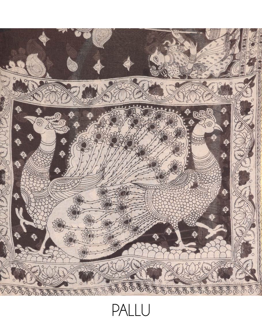 Black Machine-Printed Kalamkari Cotton Saree Features Human and Intricate Motifs, a Piping Border, Pallu of Peacock, and a Matching Blouse