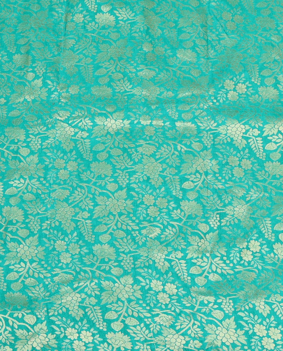 Turquoise Art Silk Material Half Saree, Bedecked with Jacquard Skirt, a Contrast Traditional Zari Border, Contrast Blouse, and an Intricate Dhavani
