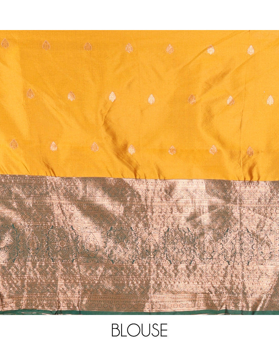 Yellow and Green Semi-Banarasi Half-Saree Beautified with Zari Buttas on Its Skirt, Complemented by a Contrast Traditional Zari Design Steeped Border, Paired with a Matching Blouse, and a Satin Georgette Embroidered Scallop Dhavani