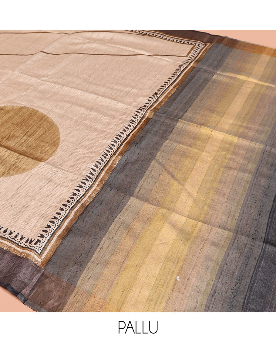 Sandal Tussar Silk Saree, Uniquely Detailed with Abstract-Style Geometric Print on Its Body, Complemented by a Contrast Border, Multi-Color Ombre-Style Striped Pallu, and Paired with a Contrast Blouse