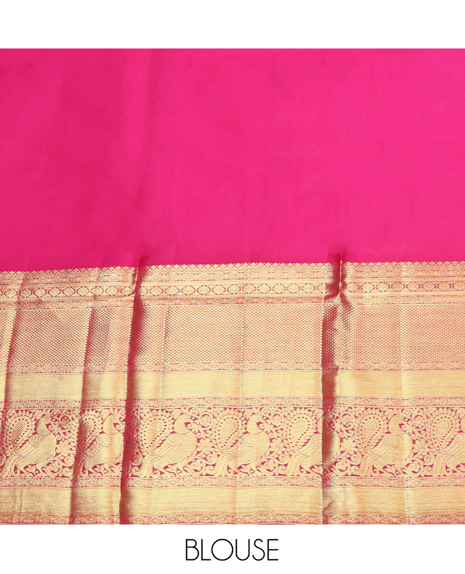 Black Pure Silk Half-Saree, Decorated with Butta Enclosed Checks All Over Its Skirt, Complemented by a Contrast Border of Diamond, Mayil Kann, and Mayil Designs, Paired with a Contrast Blouse, and Comes with a Jaal Design Dhavani