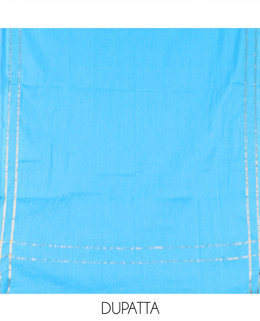 Magenta Handloom Cotton Material Chudidar, Plain and Contrast Traditional Zari-Bordered Top, a Contrast Plain Bottom, and Contrast Dupatta