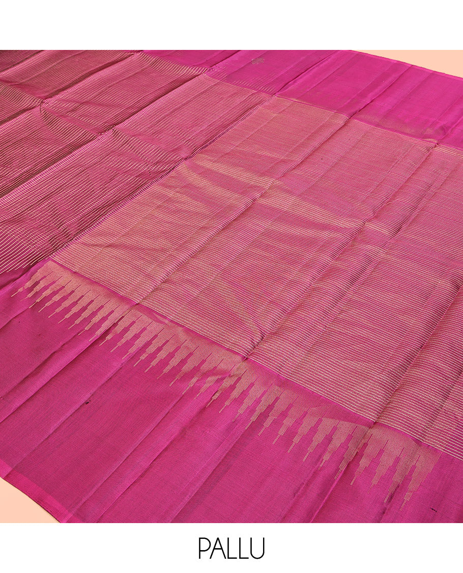 Purple Checked Kanchipuram Silk Saree, Highlighted by a Zari Border of Kolam and Iruthalai Pakshi Designs, Striped Pallu, and a Matching Blouse