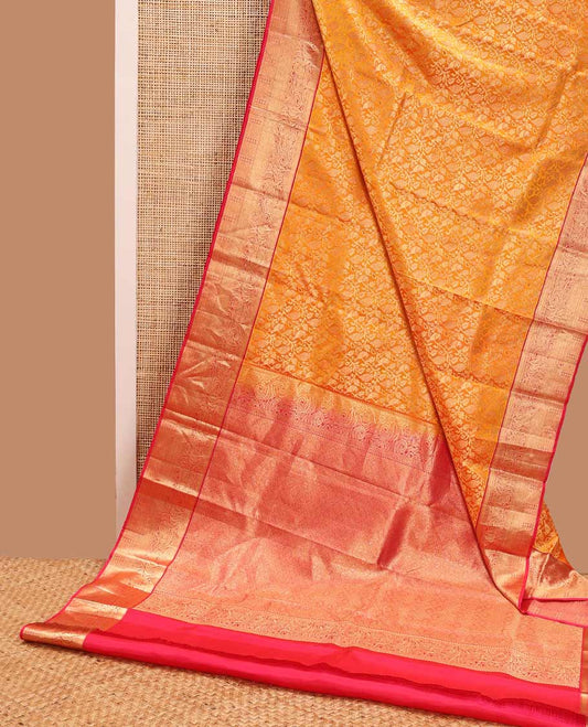 Orange floral jacqaurd kancheepuram silk saree with contrast intricate zari design border & checked floral design pallu