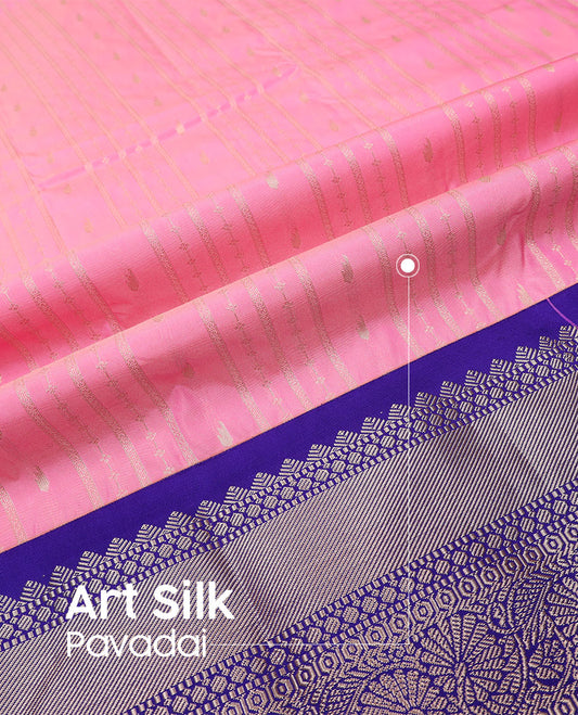 Flamingo pink art silk pavadai material set, zari design pavadai, contrast blouse & traditional zari border