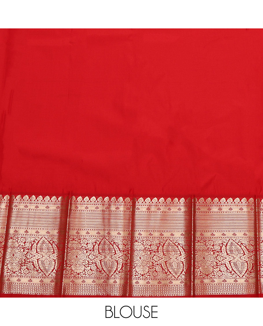 Orange Budget Silk Saree, Accentuated with Zari Buttas, Complemented by Contrast Traditional Zari Border, Grand Pallu, and a Contrast Blouse