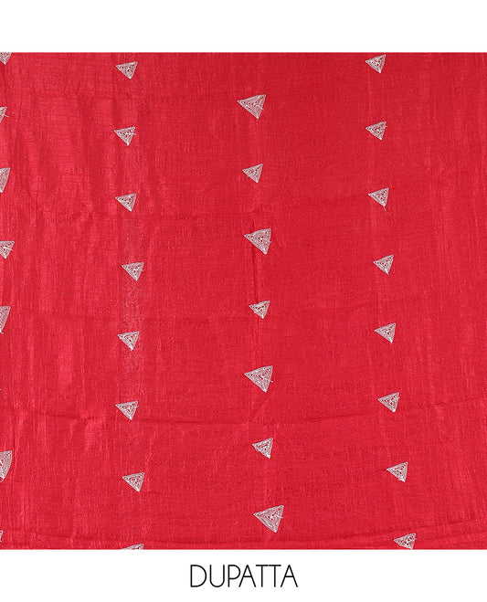 Maroon Vichitra Silk Material Chudidar Features a V-Neck Thread-Sequined Top, a Plain Bottom, Matching Thread-Sequined Dupatta