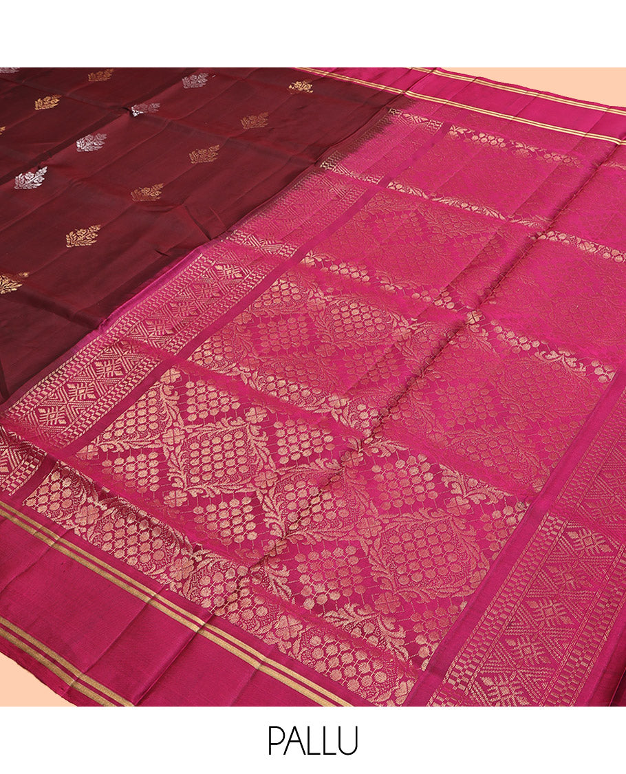 Brown Mayuri Lite Silk Mix Saree, Adorned with Zari Buttas, Complemented by Contrast Border, Pallu of Intricate Designs and a Contrast Blouse