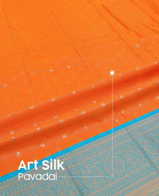 Yellow Art Silk Pavadai Material Set, Finely Woven with Zari Buttas and Zari Checks Skirt, Complemented by a Contrast Traditional Zari Design Border, and Paired with a Contrast Blouse