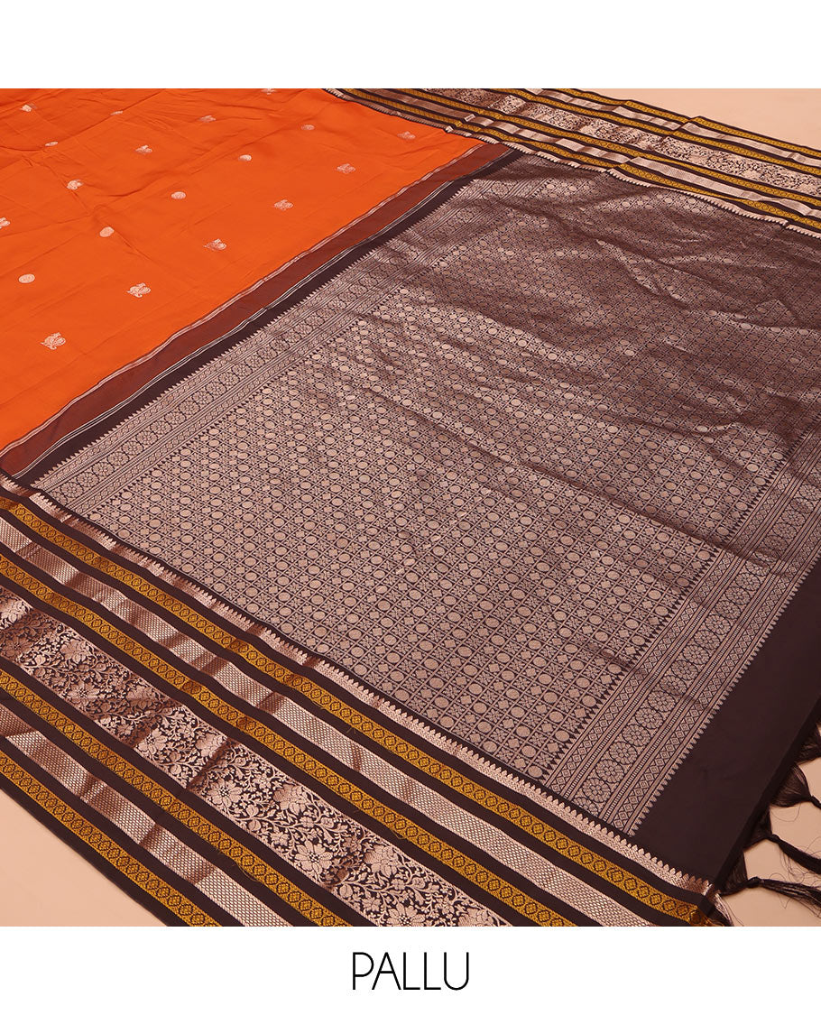 Orange Mayil-Chakram Buttas Vasundhara Lite Silk Mix Saree, Contrast Traditional Zari Border, and a Contrast Blouse