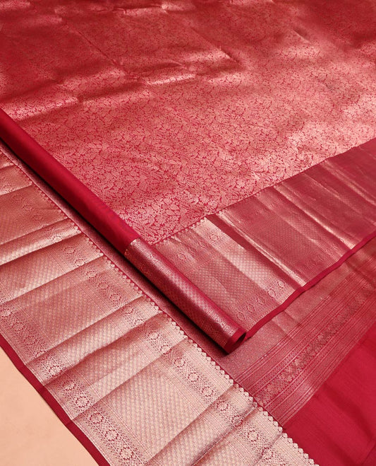 Red Kanchipuram Wedding Silk Saree, Opulently Embellished with Jacquard Design on Its Body, Highlighted by Zari Border of Kathir, Kamalam, Diamond, and Jaal Designs, Grand Jaal Pallu, and Paired with a Matching Blouse