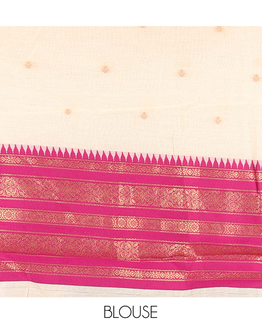 Sandal-Magenta Banaras Kota Half-Saree, Zari Buttas Skirt, Contrast Traditional Border, Matching Blouse, Contrast Dhavani