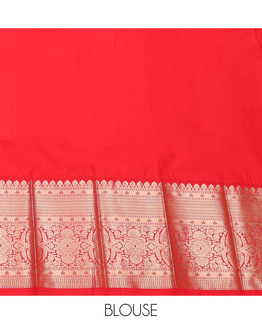 Orange Budget Silk Saree, Bedecked with Zari Buttas, Complemented by a Contrast Traditional Zari Design Border, Grand Pallu, and a Contrast Blouse