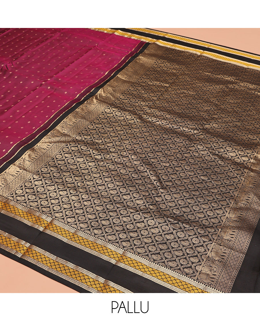 Magenta Vasundhara Silk Saree, Woven with Zari Buttas, Contrast Rettai Pettu Border of Rekku, Neli, and Jaal, Grand Pallu, and Contrast Blouse