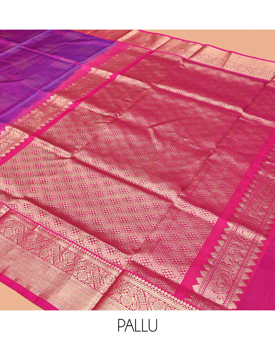 Purple Venkatagiri Silk Saree, Richly Detailed with Zari Checks All Over Its Body, Complemented by a Contrast Traditional Zari Design Border, Grand Pallu, and Paired with a Matching Blouse