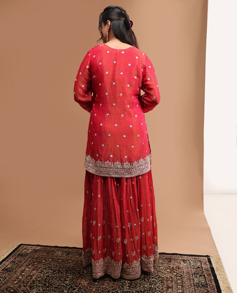 Red floral embroidery round neck, 3/4 th sleeve , knee length with sharara pants & embroidered dupatta