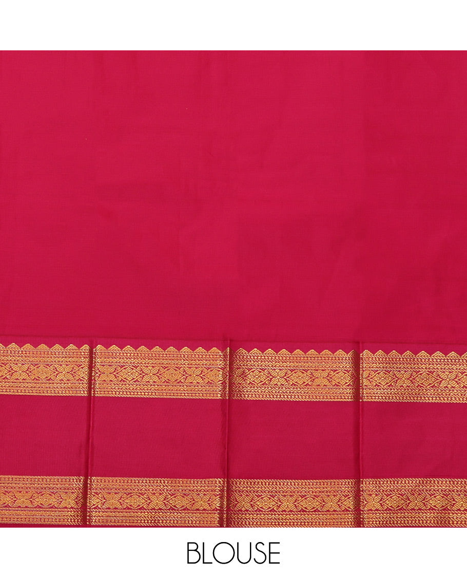 Violet Budget Silk Saree, Gleamed Up with Zari Buttas and Stripes, Complemented by a Contrast Traditional Zari Rettai Pettu Border, Grand Pallu, and a Contrast Blouse