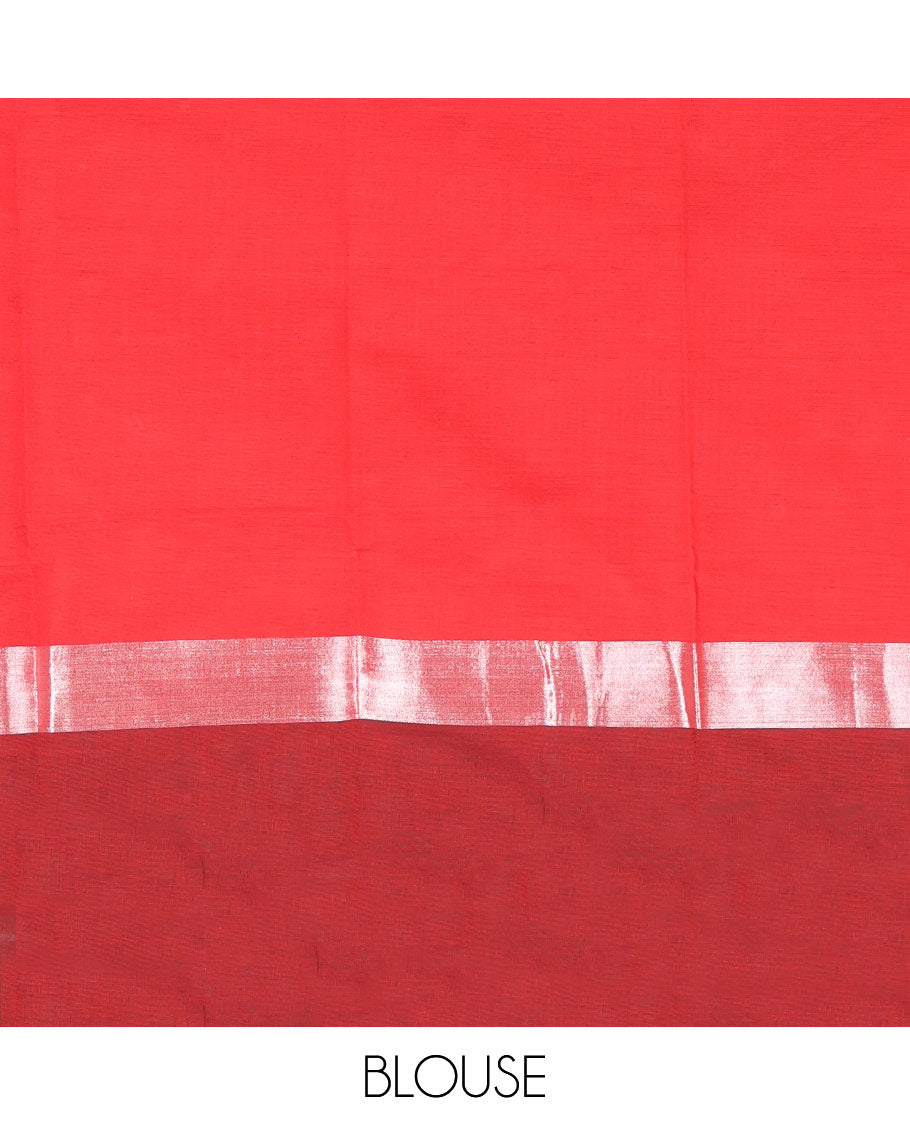 Red Chirala Cotton Saree, Adorned with Buttas, a Contrast Floral Border, Printed Pallu, and a Contrast Blouse