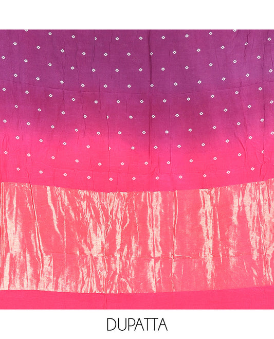 Pink and Purple Semi-Silk Material Churidar Set, Adorned with Bandhani Dots Print, Comes with a Plain Santoon Bottom, and Paired with a Double-Colored Dupatta of Bandhani Dots Print
