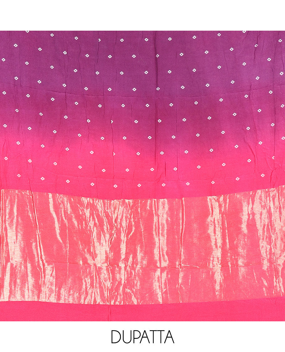 Pink and Purple Semi-Silk Material Churidar Set, Adorned with Bandhani Dots Print, Comes with a Plain Santoon Bottom, and Paired with a Double-Colored Dupatta of Bandhani Dots Print