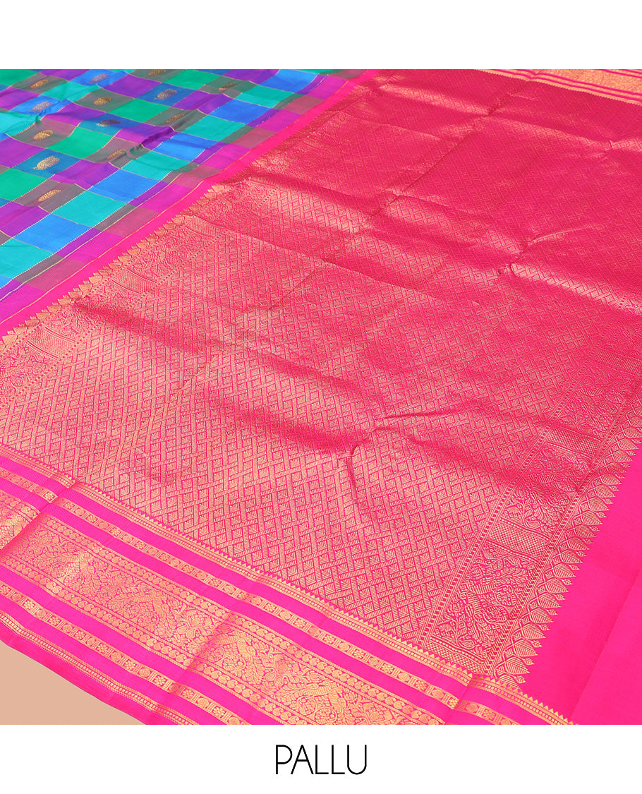 Multi-Color Palum Pazhamum Kattam Kanchipuram Silk Saree Features Mayil-Chakram Buttas, a Traditional Zari Border, Grand Jaal Pallu, and Contrast Blouse
