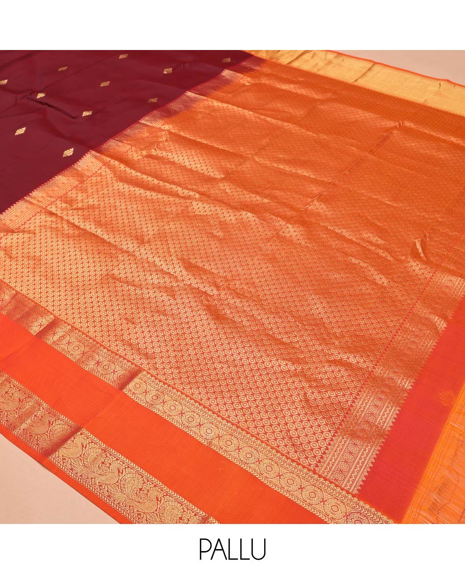 Maroon Zari Buttas Vasundhara Lite Silk Mix Saree, a Contrast Rettai Pettu Border of Kathir, Chakram, and Kodi Visiry Designs, Grand Pallu, and a Contrast Blouse