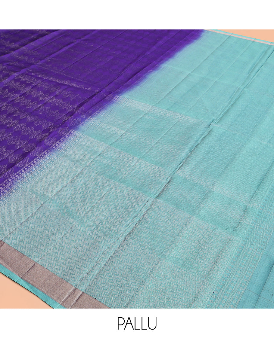 Blue Mayuri Soft Silk Saree, Sparsely Sparked with Zari Designs On Its Body, Complemented by Contrast Bavanji Border, Grand Jaal Pallu and Paired with a Contrast Blouse