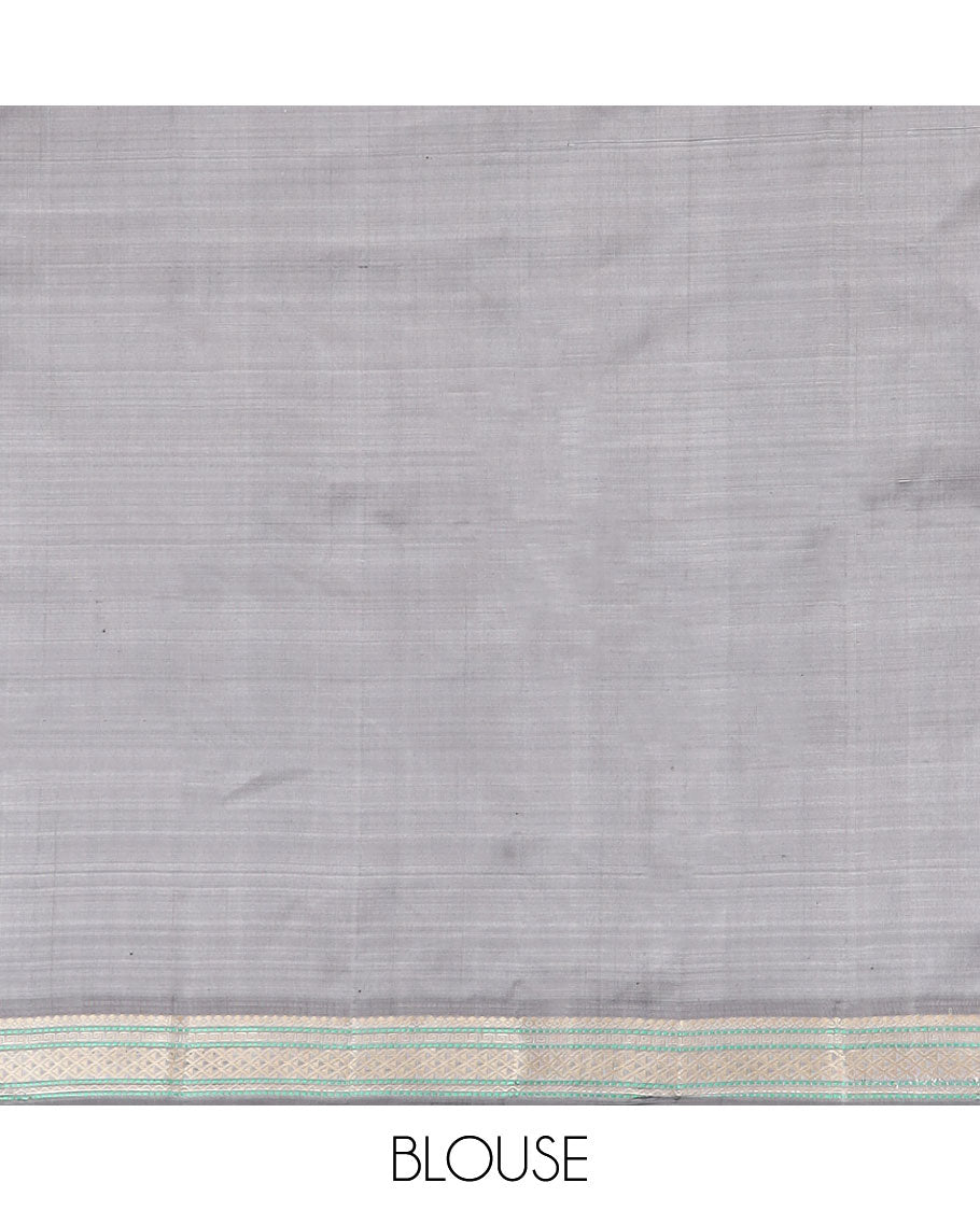 Light grey checked kancheepuram silk saree with contrast intricate design border & striped pallu