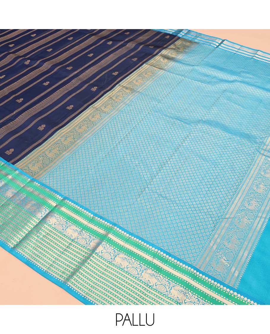 Blue Zari Design Vasundhara Silk Saree, Complemented by Contrast Border of Thilakam Mokku, Muthu, Yaali, and Chakram, Jaal Pallu, and a Contrast Blouse