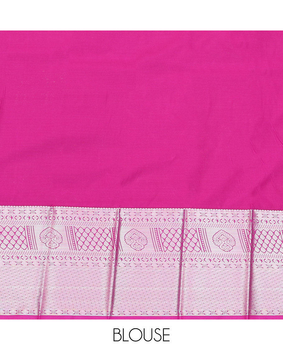 Red Budget Silk Saree, Mesmerized with Zari Buttas on Its Body, Complemented by a Contrast Traditional Zari Design Border, Pallu Steeped with Floral Designs, and Paired with a Contrast Blouse