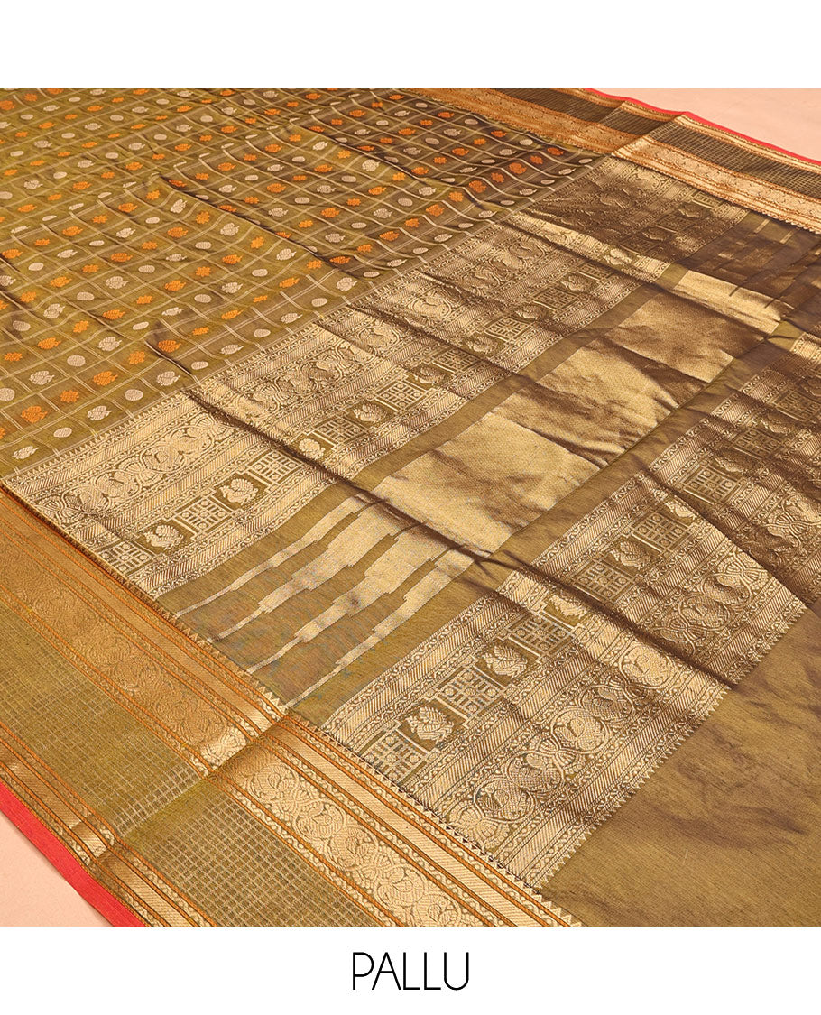 Green Buttas-Checked Kuppadam Silk Saree, a Semi-Contrast Traditional Border, Grand Pallu, a Matching Blouse