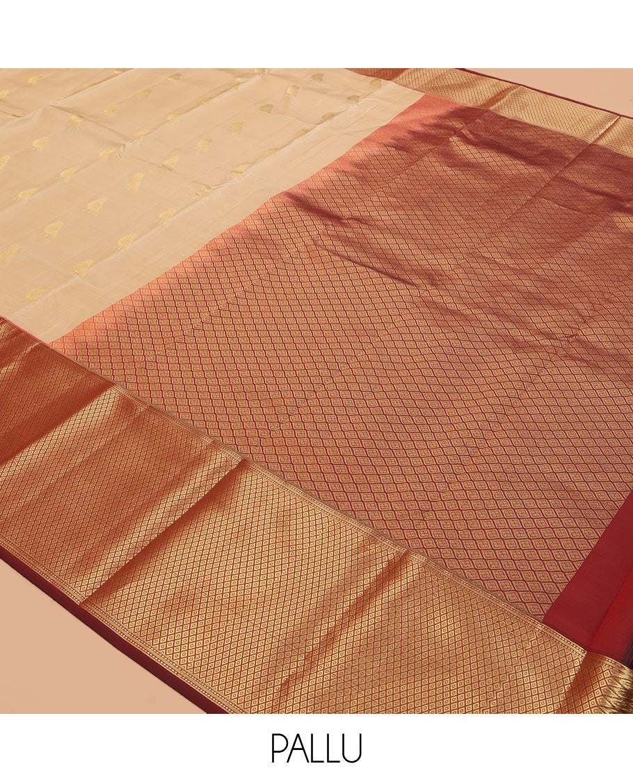 Sandal Vasundhara Lite Silk Mix Saree, Adorned with Pakshi Buttas, a Contrast Mayil Kann Border, Grand Pallu, and a Contrast Blouse