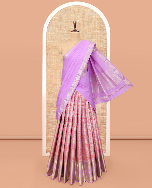 Light Rust Art Silk Material Half-Saree Set, Embellished with Warli-Theme Jacquard Skirt, Complemented by Contrast Traditional Zari Border, Paired with a Jacquard Blouse, and Paisley Designs Woven Dhavani