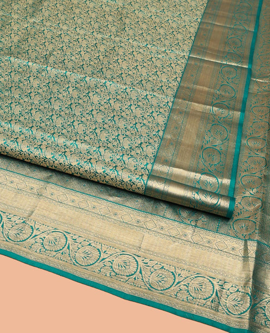Rama Blue Kanchipuram Wedding Silk Saree, Steeped in Richness with Yaanai Jacquard on Its Body, Highlighted by a Zari Border of Rekku, Vanki, Diamond, and Kodi Visiry Designs, Grand Jaal Pallu, and Paired with a Matching Blouse