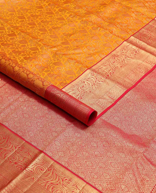 Orange floral jacqaurd kancheepuram silk saree with contrast intricate zari design border & checked floral design pallu